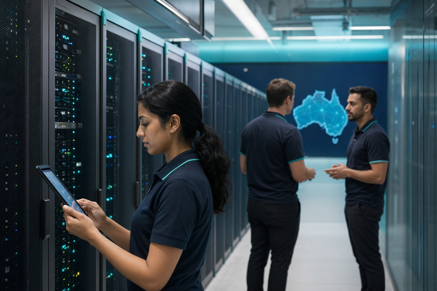 A clean, well-lit secure data centre corridor conveying control and local data hosting.
